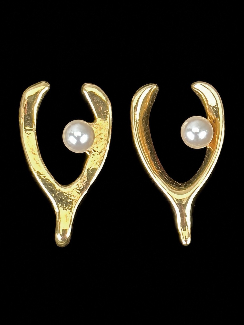 Vintage Gold Tone Wishbone Faux Pearl Pierced Statement Earrings